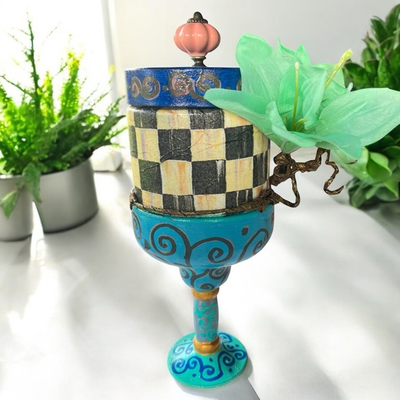 Artistic Blue and Black Checkered Trinket Jar, Mackenzie Child Inspired.. - Picture 6 of 14